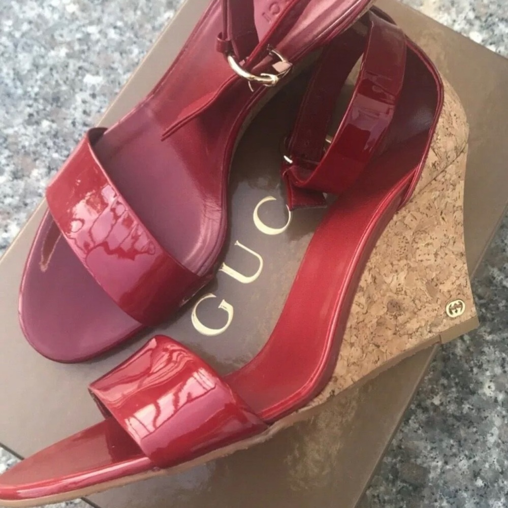 Brand New Gucci Red Patent Leather Cork Wedges